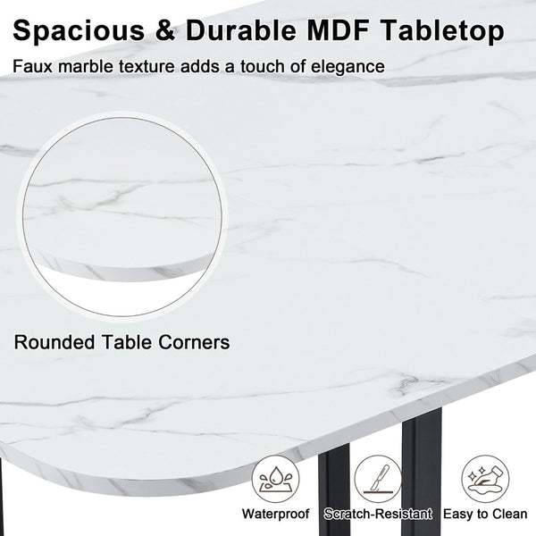 English Elm 7-piece Modern Dining Set Seats Six with Metal Legs Pu Upholstered Chairs Melamine Top Black, White Marble W3875S00161
