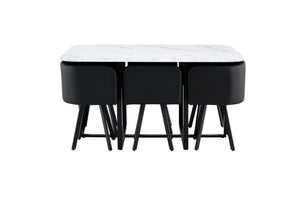 English Elm 7-piece Modern Dining Set Seats Six with Metal Legs Pu Upholstered Chairs Melamine Top Black, White Marble W3875S00161