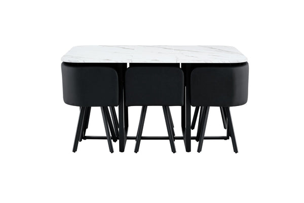 English Elm 7-piece Modern Dining Set Seats Six with Metal Legs Pu Upholstered Chairs Melamine Top Black, White Marble W3875S00161