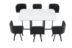 English Elm 7-piece Modern Dining Set Seats Six with Metal Legs Pu Upholstered Chairs Melamine Top Black, White Marble W3875S00161