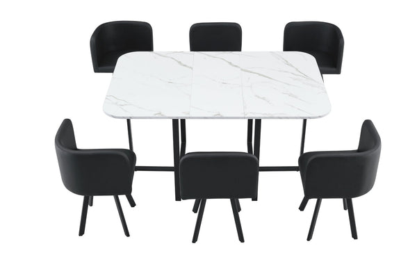 English Elm 7-piece Modern Dining Set Seats Six with Metal Legs Pu Upholstered Chairs Melamine Top Black, White Marble W3875S00161