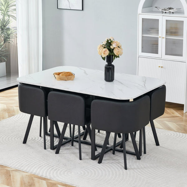 English Elm 7-piece Modern Dining Set Seats Six with Metal Legs Pu Upholstered Chairs Melamine Top Black, White Marble W3875S00161