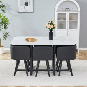 English Elm 7-piece Modern Dining Set Seats Six with Metal Legs Pu Upholstered Chairs Melamine Top Black, White Marble W3875S00161