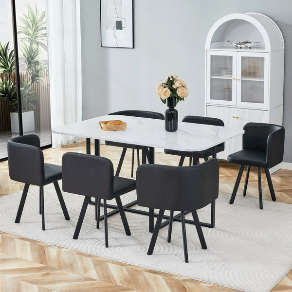 English Elm 7-piece Modern Dining Set Seats Six with Metal Legs Pu Upholstered Chairs Melamine Top Black, White Marble W3875S00161