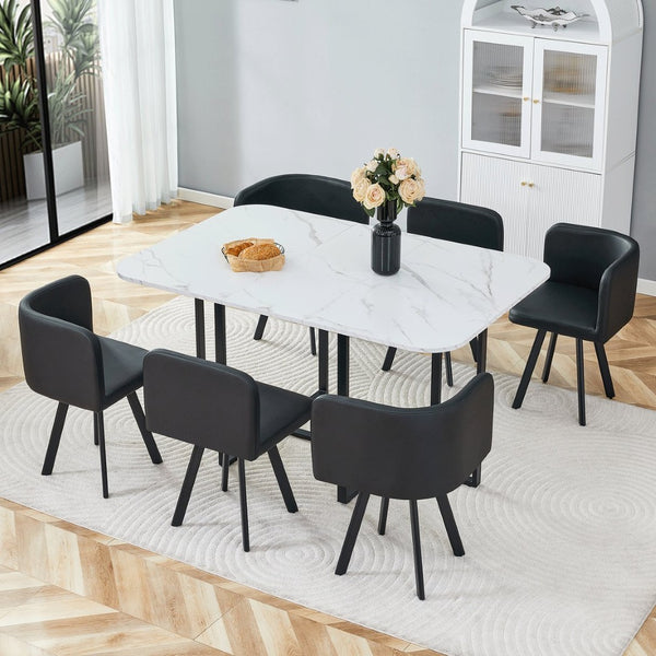 English Elm 7-piece Modern Dining Set Seats Six with Metal Legs Pu Upholstered Chairs Melamine Top Black, White Marble W3875S00161