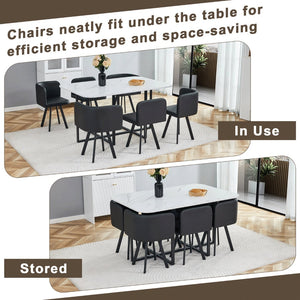 English Elm 7-piece Modern Dining Set Seats Six with Metal Legs Pu Upholstered Chairs Melamine Top Black, White Marble W3875S00161