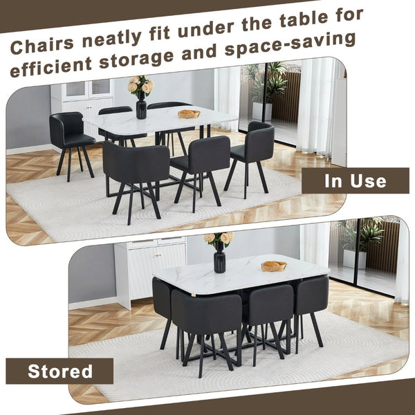 English Elm 7-piece Modern Dining Set Seats Six with Metal Legs Pu Upholstered Chairs Melamine Top Black, White Marble W3875S00161