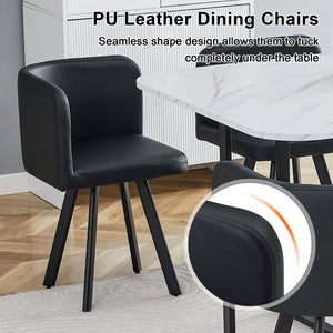English Elm 7-piece Modern Dining Set Seats Six with Metal Legs Pu Upholstered Chairs Melamine Top Black, White Marble W3875S00161