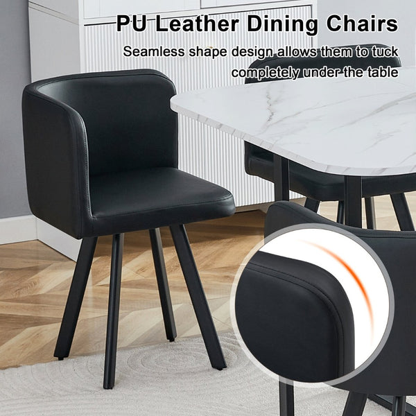English Elm 7-piece Modern Dining Set Seats Six with Metal Legs Pu Upholstered Chairs Melamine Top Black, White Marble W3875S00161