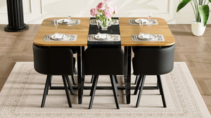 English Elm 7-piece Space Saving Dining Set with Melamine Table Pu Cushioned Chairs Iron Frame Black, Wood W3875S00162
