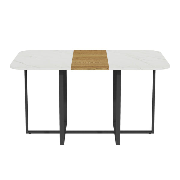 English Elm 7-piece Space Saving Dining Set with Melamine Table Pu Cushioned Chairs Iron Frame Black, White, Wood - B W3875S00163