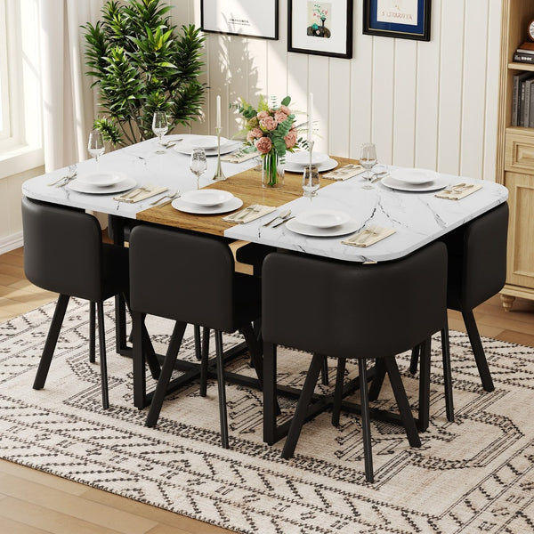 English Elm 7-piece Space Saving Dining Set with Melamine Table Pu Cushioned Chairs Iron Frame Black, White, Wood - B W3875S00163
