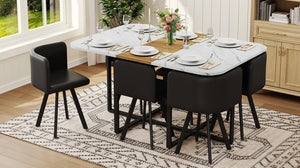 English Elm 7-piece Space Saving Dining Set with Melamine Table Pu Cushioned Chairs Iron Frame Black, White, Wood - B W3875S00163