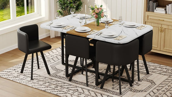 English Elm 7-piece Space Saving Dining Set with Melamine Table Pu Cushioned Chairs Iron Frame Black, White, Wood - B W3875S00163
