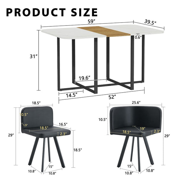 English Elm 7-piece Space Saving Dining Set with Melamine Table Pu Cushioned Chairs Iron Frame Black, White, Wood - B W3875S00163