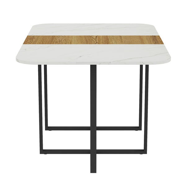 English Elm 7-piece Space Saving Dining Set with Melamine Table Pu Cushioned Chairs Iron Frame Black, White, Wood - B W3875S00163