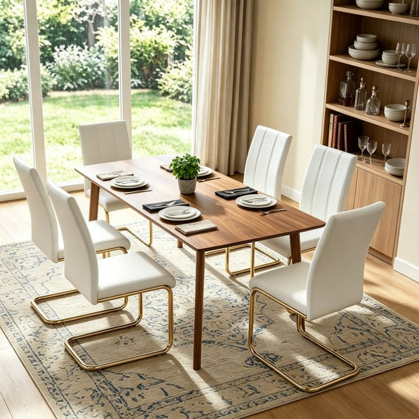 English Elm Pu Leather High Back Dining Chair Set of 6 with Gold Cantilever Frame Glam Decor W3875S00177