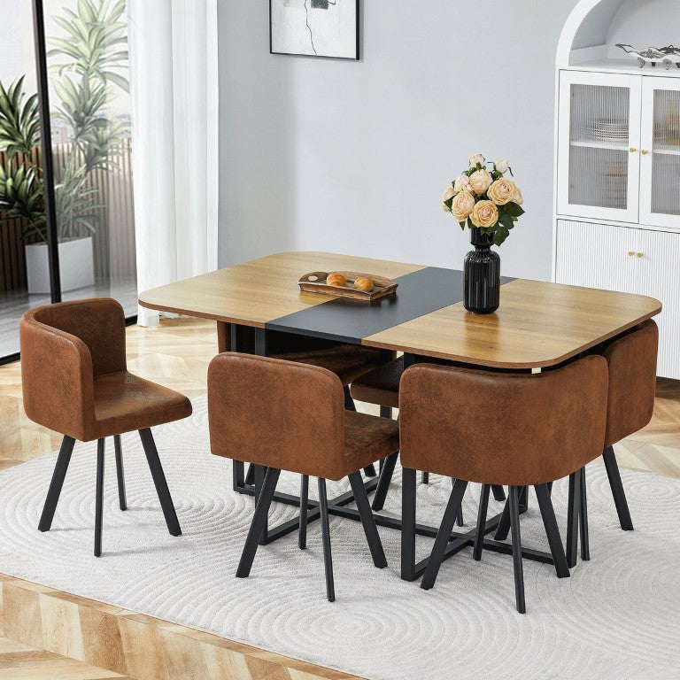 English Elm Brown Suede Seven Piece Dining Set with Melamine Table and Black Metal Legs Solid Top W3875S00178