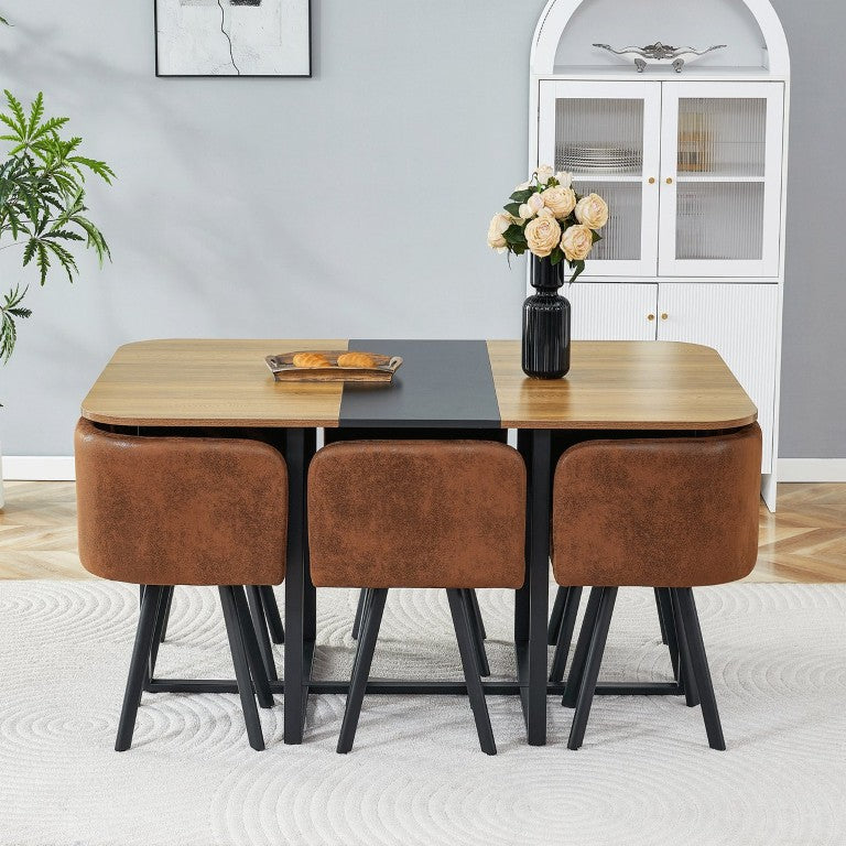 English Elm Brown Suede Seven Piece Dining Set with Melamine Table and Black Metal Legs Solid Top W3875S00178