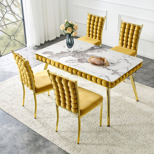 English Elm Mustard Velvet Bubble Tufted 5 Piece Dining Set with Faux Marble Table Gold Legs W3875S00179