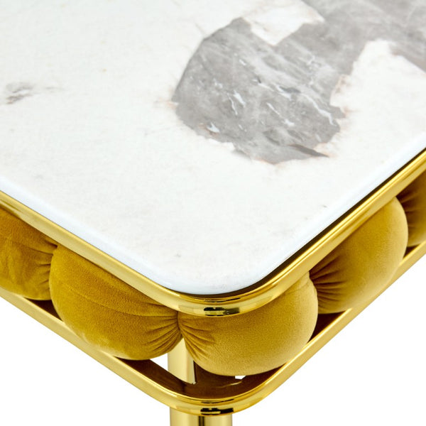 English Elm Mustard Velvet Bubble Tufted 5 Piece Dining Set with Faux Marble Table Gold Legs W3875S00179