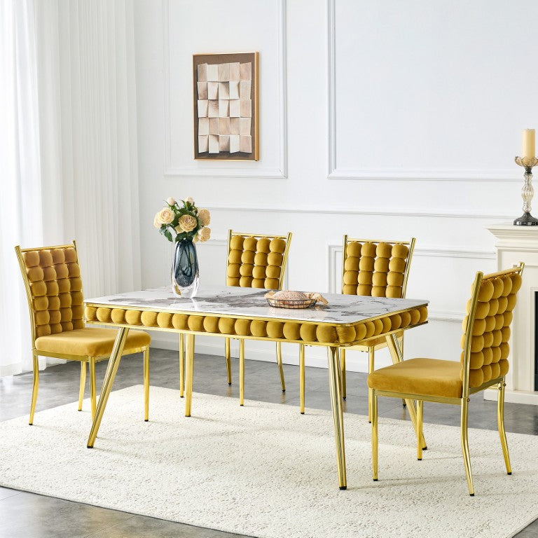 English Elm Mustard Velvet Bubble Tufted 5 Piece Dining Set with Faux Marble Table Gold Legs W3875S00179