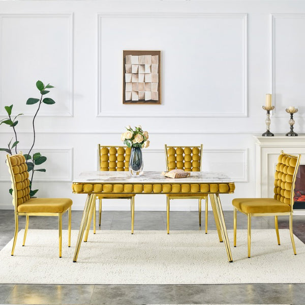 English Elm Mustard Velvet Bubble Tufted 5 Piece Dining Set with Faux Marble Table Gold Legs W3875S00179