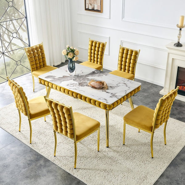 English Elm Mustard Velvet Bubble Tufted 5 Piece Dining Set with Faux Marble Table Gold Legs W3875S00179