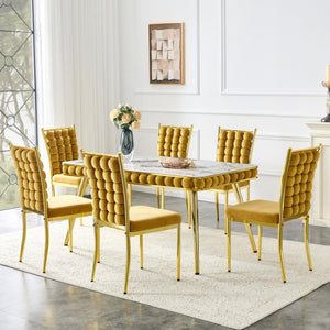 English Elm Mustard Velvet Bubble Tufted 5 Piece Dining Set with Faux Marble Table Gold Legs W3875S00179