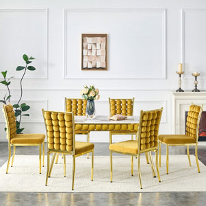 English Elm Mustard Velvet Bubble Tufted 5 Piece Dining Set with Faux Marble Table Gold Legs W3875S00179