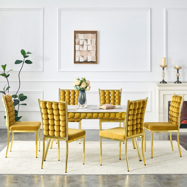 English Elm Mustard Velvet Bubble Tufted 5 Piece Dining Set with Faux Marble Table Gold Legs W3875S00179