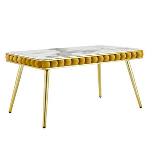 English Elm Mustard Velvet Bubble Tufted 5 Piece Dining Set with Faux Marble Table Gold Legs W3875S00179