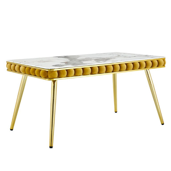 English Elm Mustard Velvet Bubble Tufted 5 Piece Dining Set with Faux Marble Table Gold Legs W3875S00179