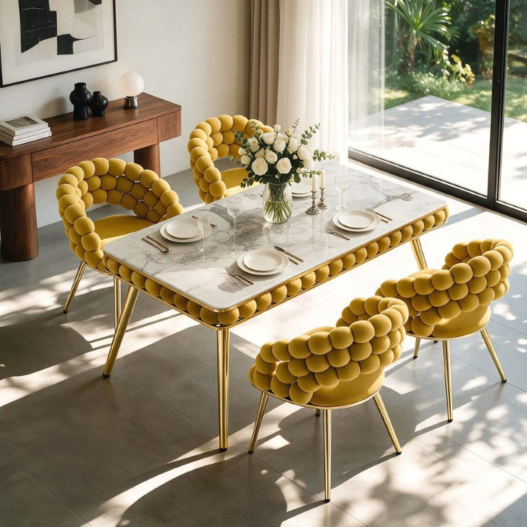 English Elm Mustard Velvet Bubble Tufted 5 Piece Glam Dining Set with Faux Marble Gold Legs W3875S00180