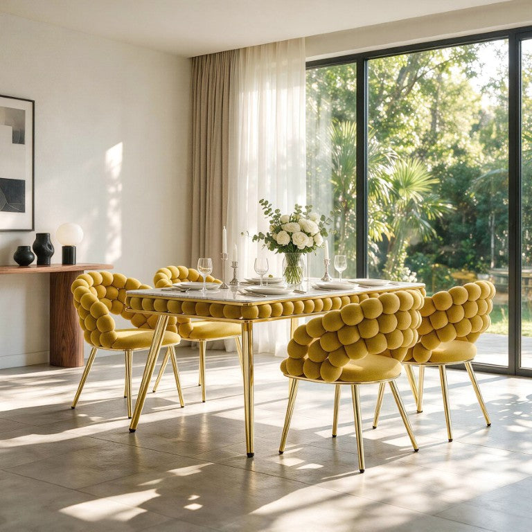 English Elm Mustard Velvet Bubble Tufted 5 Piece Glam Dining Set with Faux Marble Gold Legs W3875S00180