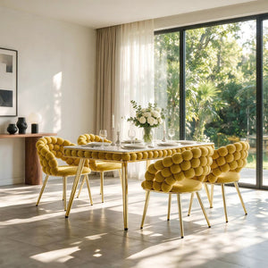 English Elm Mustard Velvet Bubble Tufted 5 Piece Glam Dining Set with Faux Marble Gold Legs W3875S00180