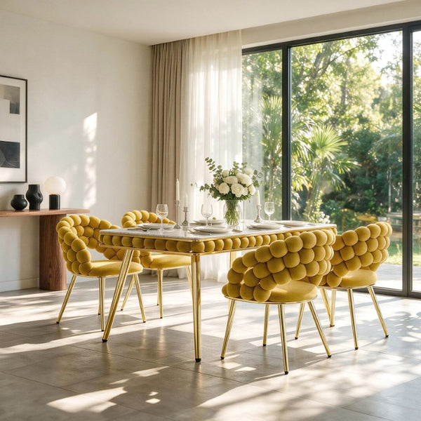 English Elm Mustard Velvet Bubble Tufted 5 Piece Glam Dining Set with Faux Marble Gold Legs W3875S00180