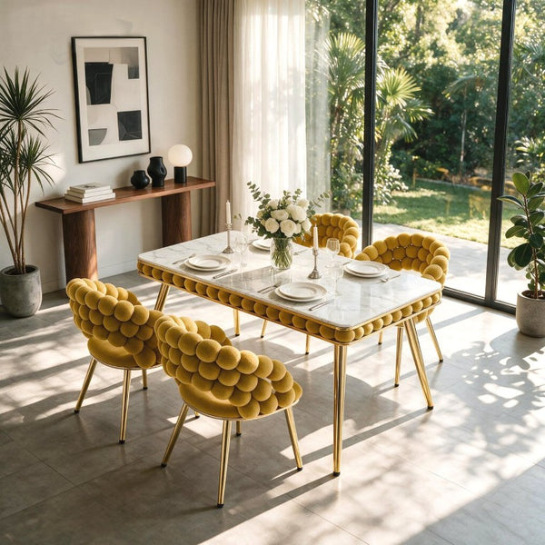 English Elm Mustard Velvet Bubble Tufted 5 Piece Glam Dining Set with Faux Marble Gold Legs W3875S00180