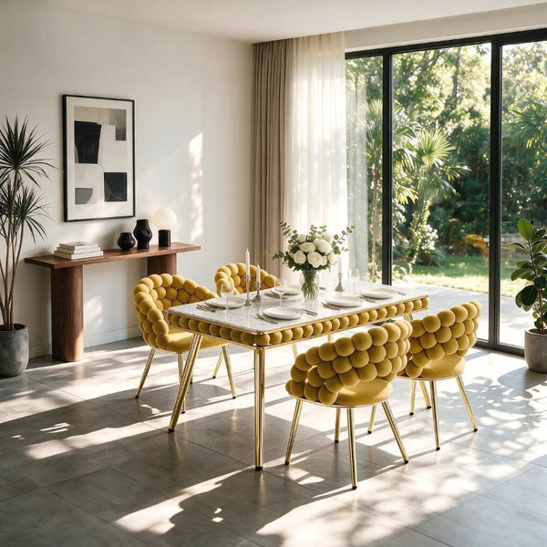 English Elm Mustard Velvet Bubble Tufted 5 Piece Glam Dining Set with Faux Marble Gold Legs W3875S00180