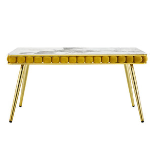English Elm Mustard Velvet Bubble Tufted 5 Piece Glam Dining Set with Faux Marble Gold Legs W3875S00180
