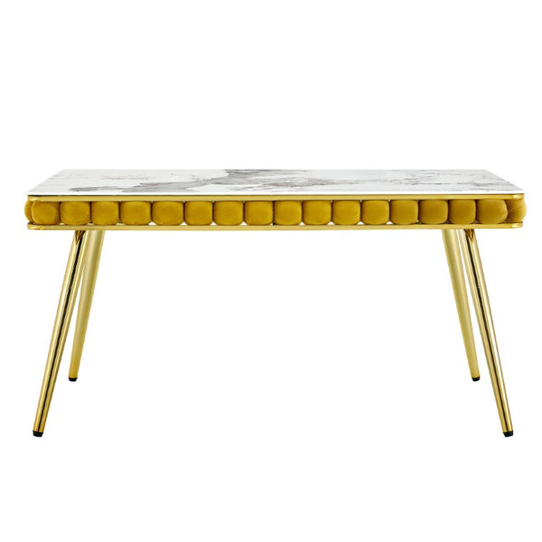 English Elm Mustard Velvet Bubble Tufted 5 Piece Glam Dining Set with Faux Marble Gold Legs W3875S00180