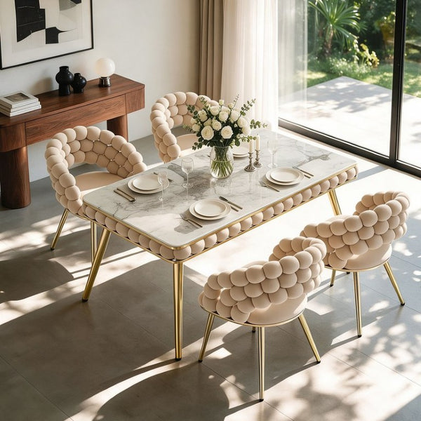 English Elm Beige Velvet Glam Dining Set 5 Piece Bubble Tufted Chairs Faux Marble Gold Legs W3875S00181