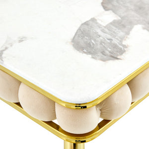 English Elm Beige Velvet Glam Dining Set 5 Piece Bubble Tufted Chairs Faux Marble Gold Legs W3875S00181