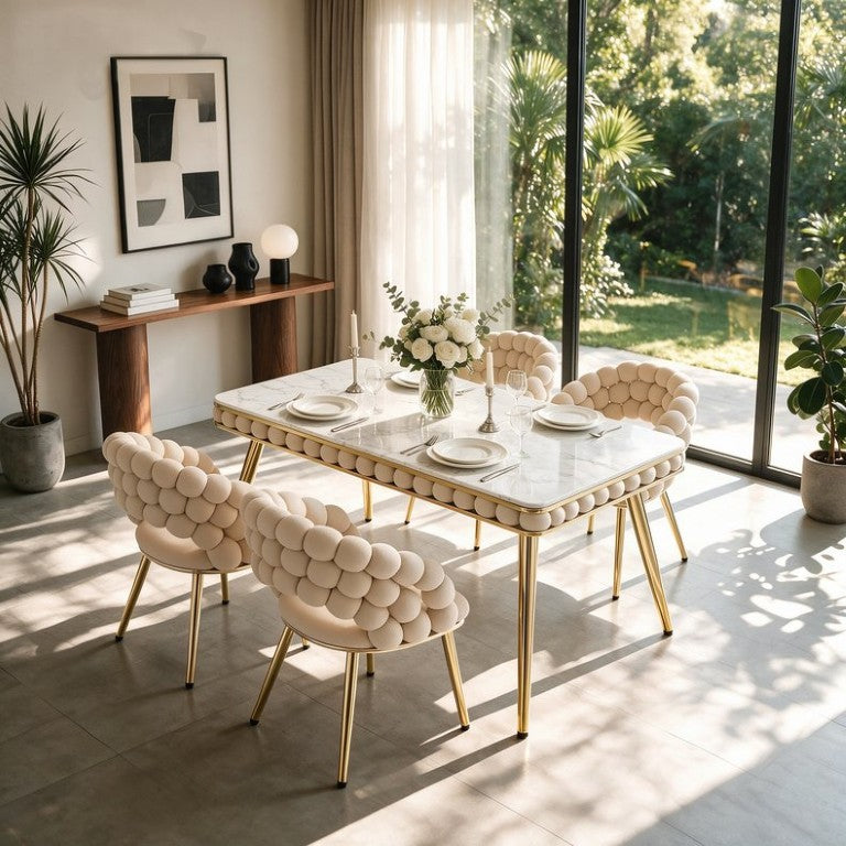 English Elm Beige Velvet Glam Dining Set 5 Piece Bubble Tufted Chairs Faux Marble Gold Legs W3875S00181