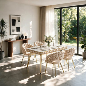 English Elm Beige Velvet Glam Dining Set 5 Piece Bubble Tufted Chairs Faux Marble Gold Legs W3875S00181
