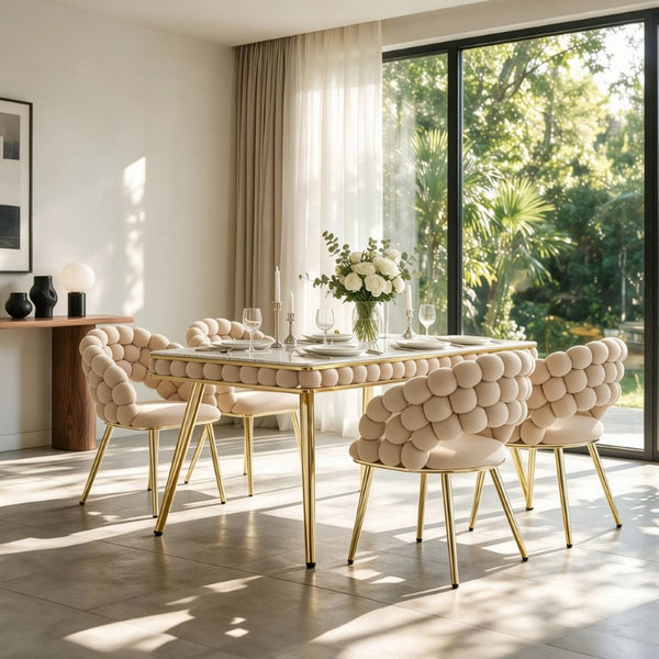 English Elm Beige Velvet Glam Dining Set 5 Piece Bubble Tufted Chairs Faux Marble Gold Legs W3875S00181