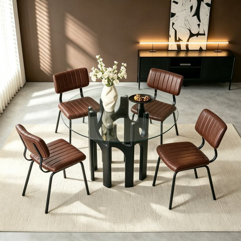 English Elm Brown Faux Leather Channel Tufted Chairs with Round Tempered Glass Industrial Table W3875S00183