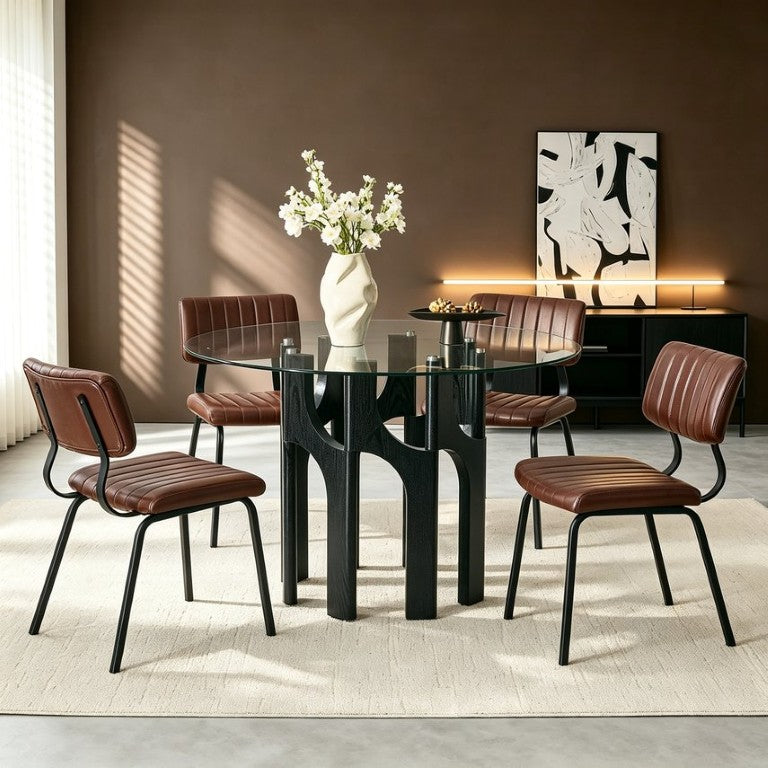 English Elm Brown Faux Leather Channel Tufted Chairs with Round Tempered Glass Industrial Table W3875S00183