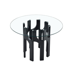 English Elm Brown Faux Leather Channel Tufted Chairs with Round Tempered Glass Industrial Table W3875S00183