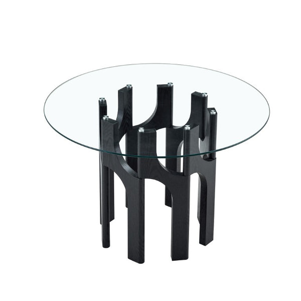 English Elm Brown Faux Leather Channel Tufted Chairs with Round Tempered Glass Industrial Table W3875S00183